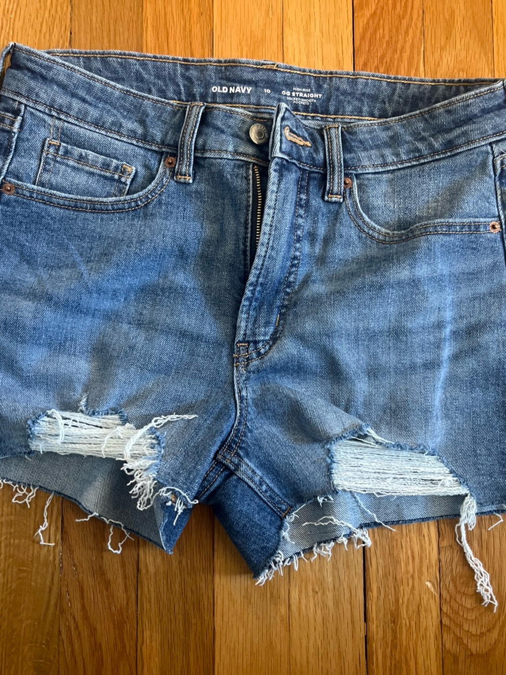 Distressed High-Waist Denim Shorts in Medium Blue